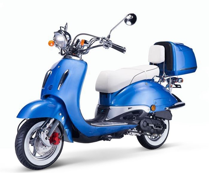 Motorroller Techno Classic Retro Roller blau mit weisser Sitzbank